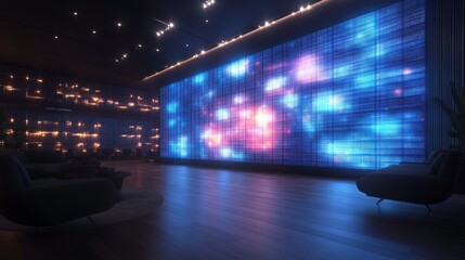 Poster - A dimly lit room features a vibrant, illuminated wall with colorful patterns, complemented by stylish furniture, creating a modern and inviting ambiance.