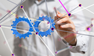 Poster - gear system data. Connecting lines and dots.Big data visualization  - 3d