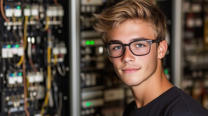 Poster - young man with blonde hair and glasses stands next to a wall of electrical equipment
