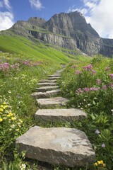 Poster - Ancient stone paths of spiritual pilgrimage routes invite explorers, framed by vibrant wildflowers and towering mountain vistas.