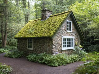 Poster - Charming cottage with moss-covered roof nestled in a forest, surrounded by dappled sunlight, enhancing the enchanting and peaceful ambiance.