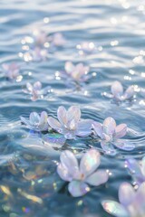 Sticker - Delicate iridescent petals scattered on water's surface, reflecting a kaleidoscope of colors. Soft ripples create a serene and enchanting atmosphere.