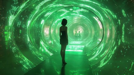 Poster - Woman in black dress stands in glowing green tunnel. Illustrates futuristic technology, digital world, or data flow concept.