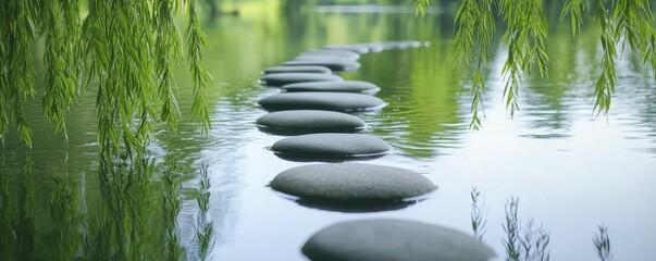 Sticker - Secluded riverbank with smooth stones and gentle ripples, framed by weeping willows swaying softly in a warm breeze, evoking tranquility.