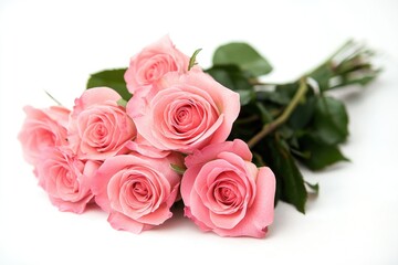 Wall Mural - A bouquet of bright pink roses arranged on a clean white surface, perfect for decorating or gifting