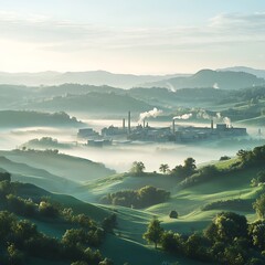Aufkleber - Distant view of a factory complex with surrounding landscape, captured in a high-resolution image.