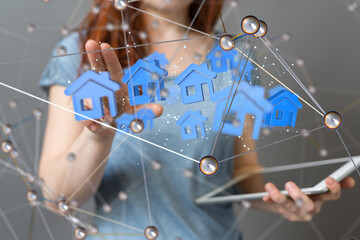 Poster - home data. Digital cyberspace with particles and Digital data network connections concept.