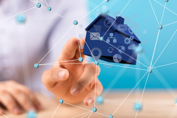 Poster - home iot - Neural network 3D illustration. Big data and cybersecurity
