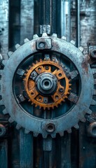 Poster - Close Up, Interlocking Metal Gears, Industrial Machine, Steampunk, Vintage Technology