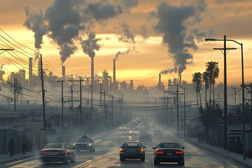 Aufkleber - Dense urban street scene with factories emitting toxic fumes, showcasing an industrial landscape.