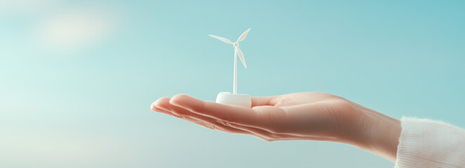 Aufkleber - close up of hand holding small wind turbine against clear blue sky