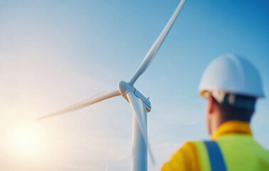 Aufkleber - worker in safety gear inspects wind turbine under clear blue sky