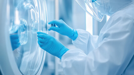 Poster - scientist in protective gear works in sterile laboratory environment