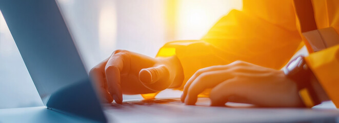 Poster - person typing on laptop with sunlight streaming through window