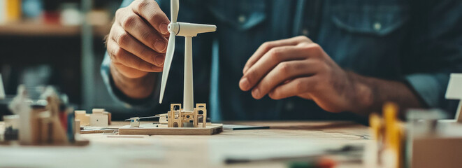 Poster - Close up of hands assembling wind turbine model on wooden table