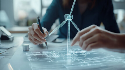 Poster - close up of hands designing wind turbine prototype on blueprint