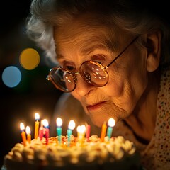 Poster - candid shot of a old woman with small round glasses celebrates her 100th years birthday with her family, a round cake cover with colorful candles. 