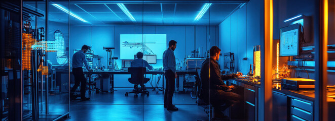 Poster - futuristic lab with scientists working on innovative sustainable technology