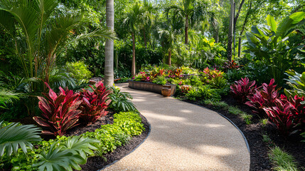 Poster - A winding path through a lush garden filled with vibrant plants and flowers, creating a serene and inviting atmosphere
