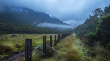 Poster - A misty landscape featuring a pathway bordered by wooden posts, leading through lush greenery and distant mountains under cloudy skies