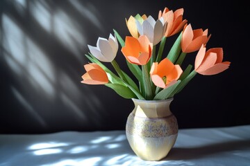 Wall Mural - A decorative vase filled with paper flowers on a table