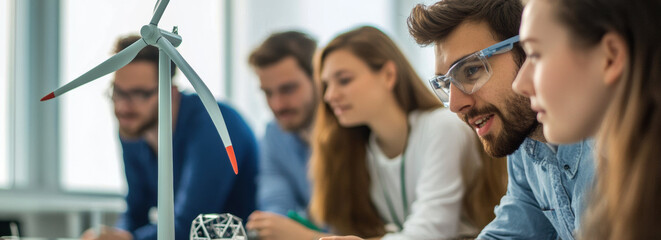 Poster - group of engineers collaborating on wind turbine prototype in modern office