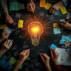 Leinwandbilder - Creative brainstorming session with hands drawing around a glowing light bulb amid colorful notes.