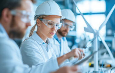 Poster - Engineers collaborating on wind turbine design in laboratory setting