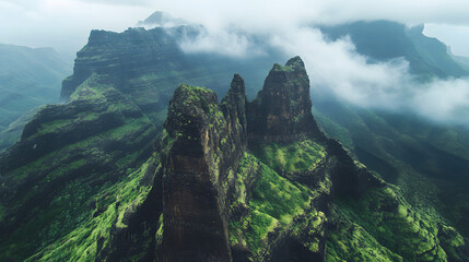 Poster - Aerial view of rugged mountains shrouded in mist, showcasing lush greenery and dramatic peaks against a cloudy sky