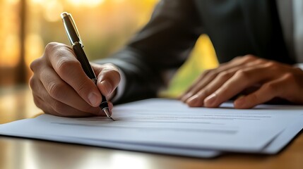 Poster - A person writing on paper with a pen in a professional setting.
