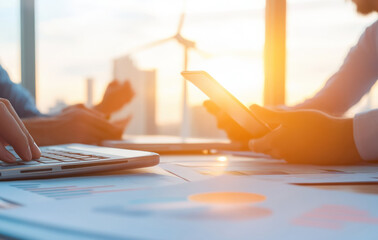 Aufkleber - Business meeting with technology and wind turbine in background at sunrise