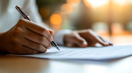 Leinwandbilder - A person writing on paper with a pen in a softly lit environment.