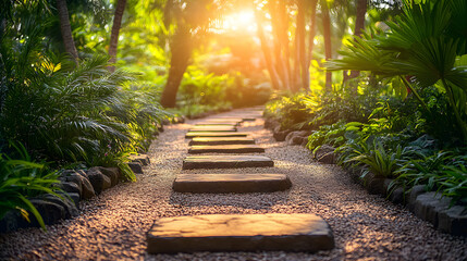 Poster - A serene garden path lined with stone steps, surrounded by lush greenery and illuminated by warm sunlight