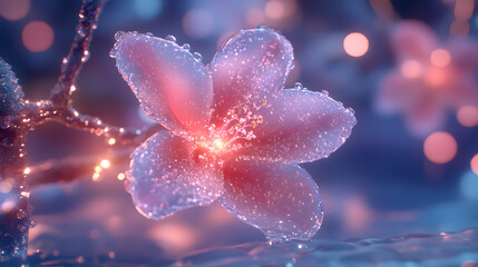 Poster - A delicate pink flower glistens with dew against a dreamy background, creating an enchanting, ethereal atmosphere