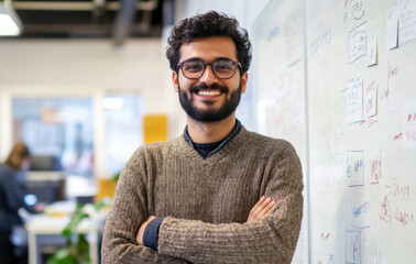 Poster - confident entrepreneur standing in modern office with whiteboard in background