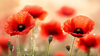 Poster - A beautiful display of red poppy flowers, glistening with dew drops, set against a soft, blurred background