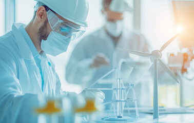 Poster - Engineers testing wind turbine models in laboratory for renewable energy research