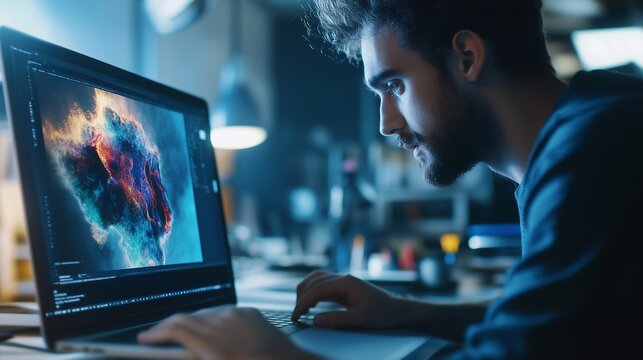 Man is working on laptop. Graphic designer drawing laptop. A computer working with a pen. A man is using a laptop lifestyle.