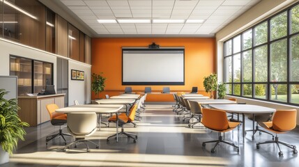 Poster - A modern, spacious meeting room featuring orange walls, large windows, and flexible seating arrangements for collaborative work.