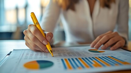 Poster - A person analyzing charts and graphs with a yellow pen in a bright office setting.