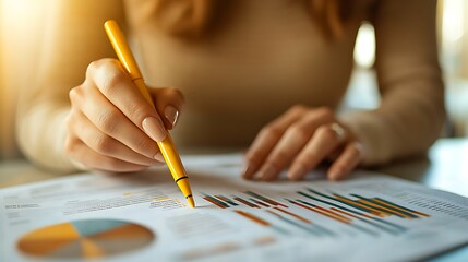 Poster - A person analyzing charts and graphs with a yellow pen in a bright workspace.