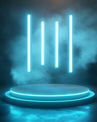 Aufkleber - Illuminated platform with blue neon lights and fog effect.