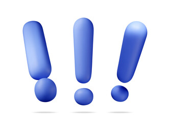 Poster - 3D blue exclamation mark isolated on white. Render attention, information, danger and warning icon. Alert and alarm symbol. Social media network notification reminder. Vector illustration
