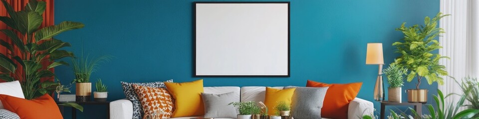 Poster - Cozy living room with blue walls and orange accents, perfect for a modern interior design concept or lifestyle scene