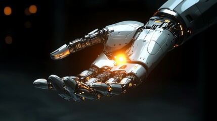Poster - Futuristic robotic hand holding a glowing orb in a dark environment.