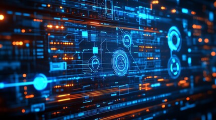 Poster - Futuristic digital interface with glowing blue and orange circuits and data patterns.