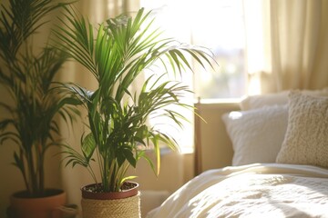 Sticker - A potted plant sits on the edge of a bed, illuminated by natural light streaming in through the window