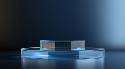 Poster - 3d glass transparent clear stand podium display box isolated on background. Empty crystal pedestal platform for product showcase or presentation. Minimal realistic plastic square and cylinder stand