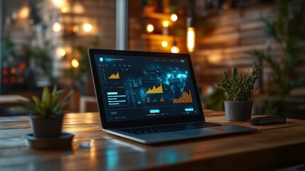 Poster - a sleek laptop displaying data analytics in a cozy, illuminated workspace, surrounded by potted plan