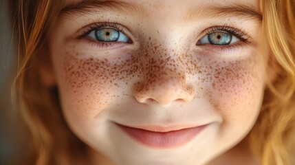 A close-up image of a child's face with freckles, smiling joyfully. The image captures the innocence and joy of childhood, emphasizing the charming and playful nature of freckles.